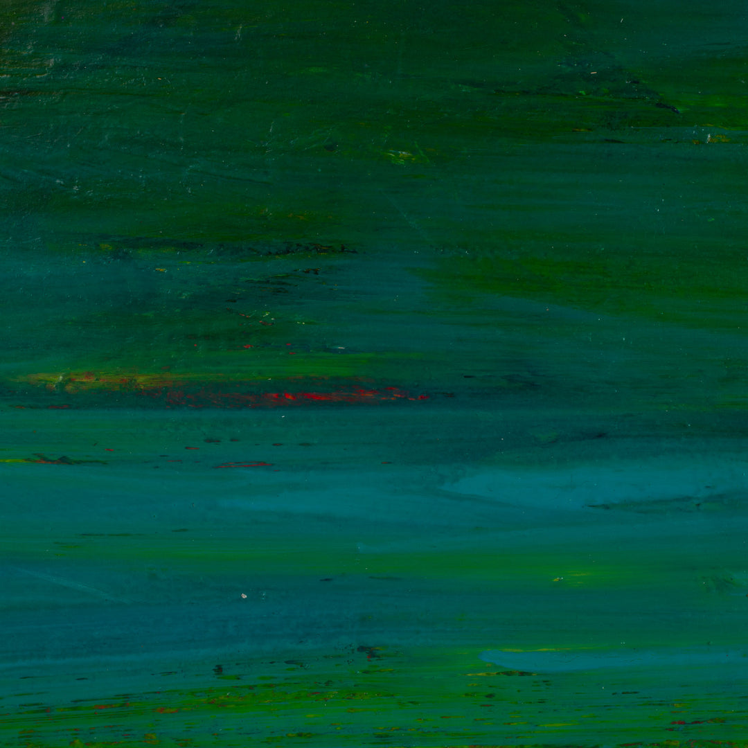 Modern abstract painting in green, white and orange by Jacques Hemain