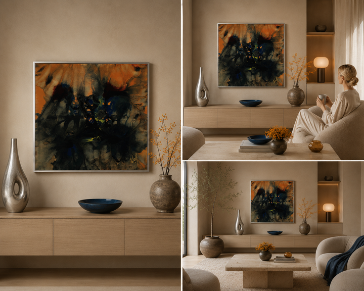 Groot kleurrijk schilderij door Wulf / 103 x 103cm