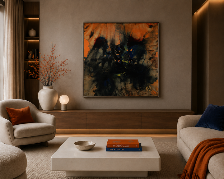 Groot kleurrijk schilderij door Wulf / 103 x 103cm