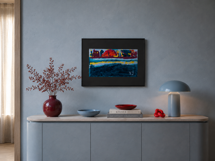 Hedendaags abstract kleurrijke gouache in blauw, rood en geel / 71x51x2,5cm