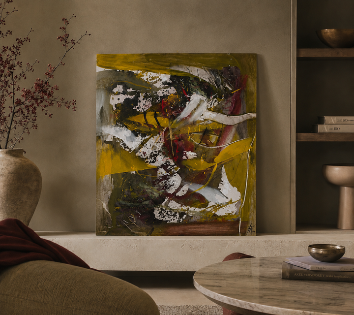 Abstract Schilderij – Geel & Groen met Toets van Rood / 69x79x2 cm