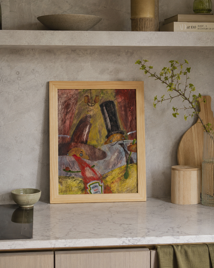 Ludiek schilderij met voorstelling van tomaten ketchup van Heinz /  35 x 45 x 1,5 cm