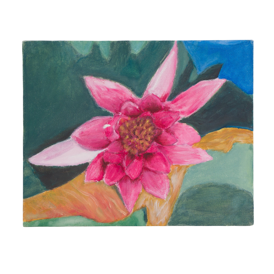 Painting pink flower on cardboard