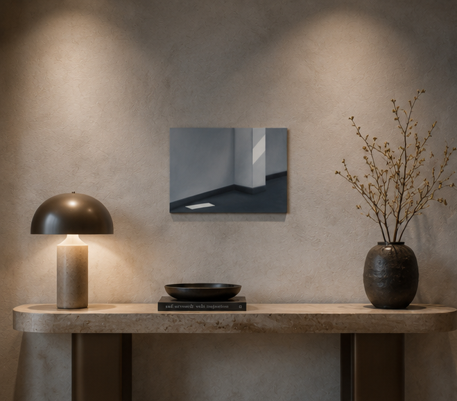 Schilderij 'De stilte van het licht – 70,5x50,5cm - eenvoud die ruimte laat ademen' door Monique Coppieters