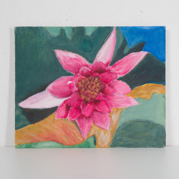 Painting pink flower on cardboard