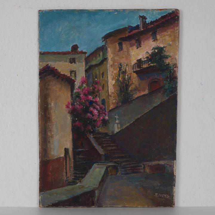 Enchanting painting of a southern village – stairs, pink bougainvilleas and sunny charm