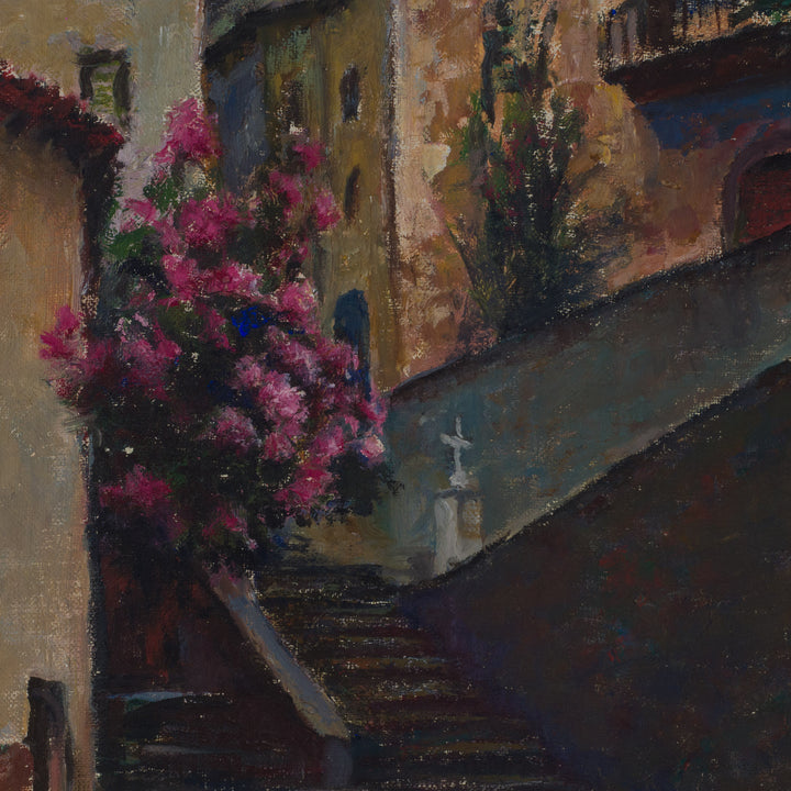 Enchanting painting of a southern village – stairs, pink bougainvilleas and sunny charm