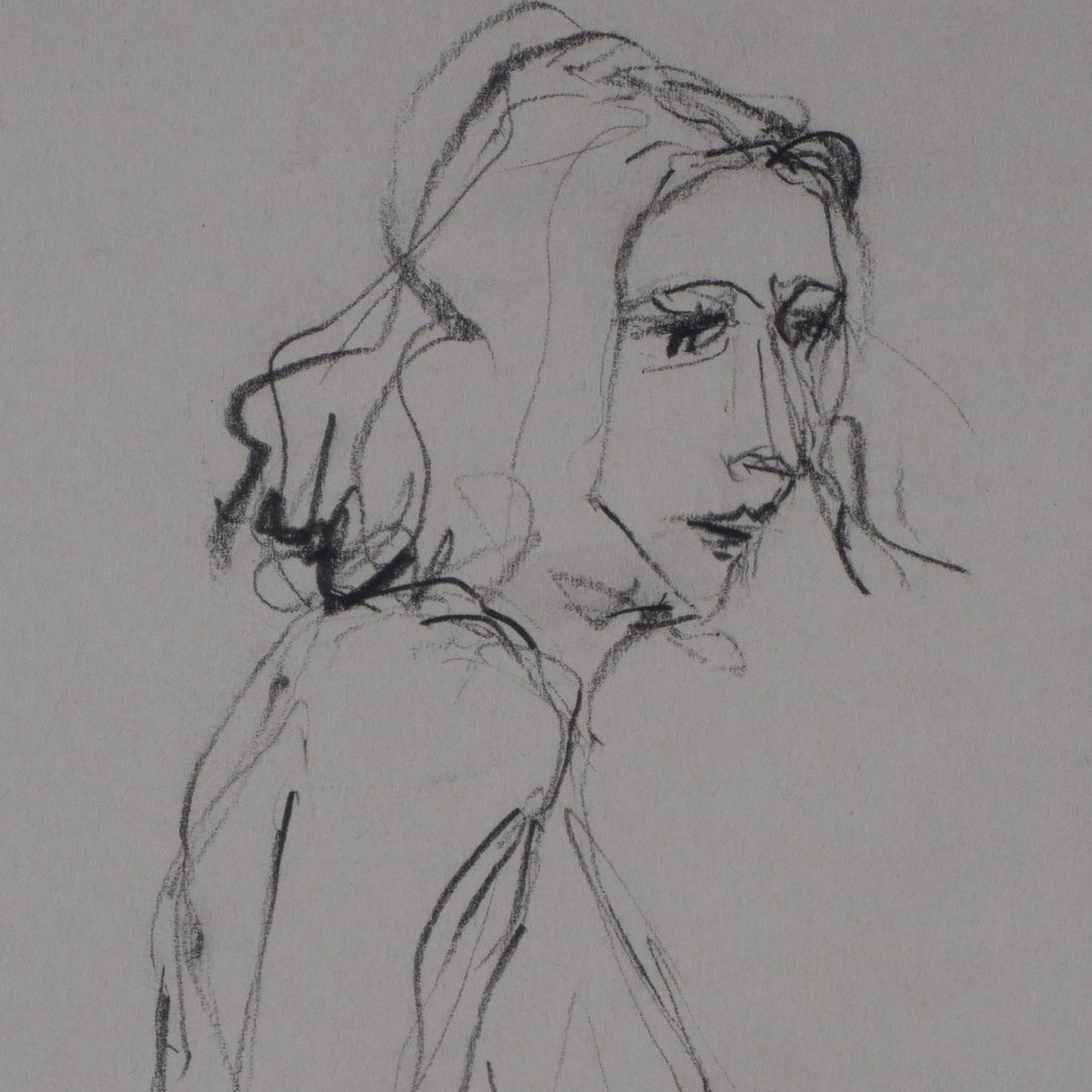 Elegant black drawing by Annemie Einhaus (1995) of a naked woman