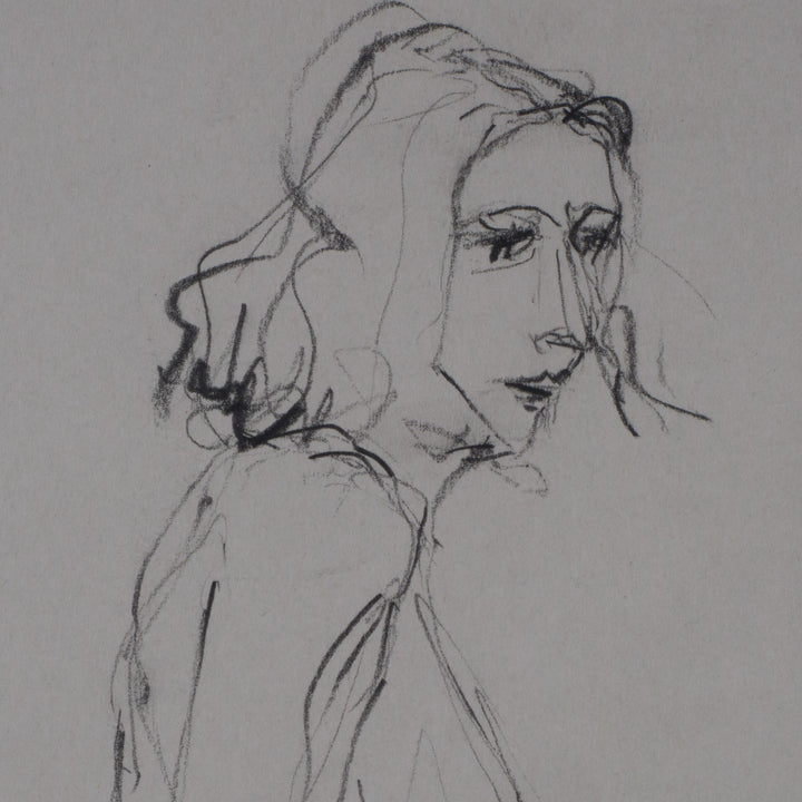 Elegant black drawing by Annemie Einhaus (1995) of a naked woman