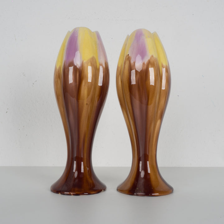 Set of 2 Art Deco vases – Beautiful drip glaze in purple, yellow and brown