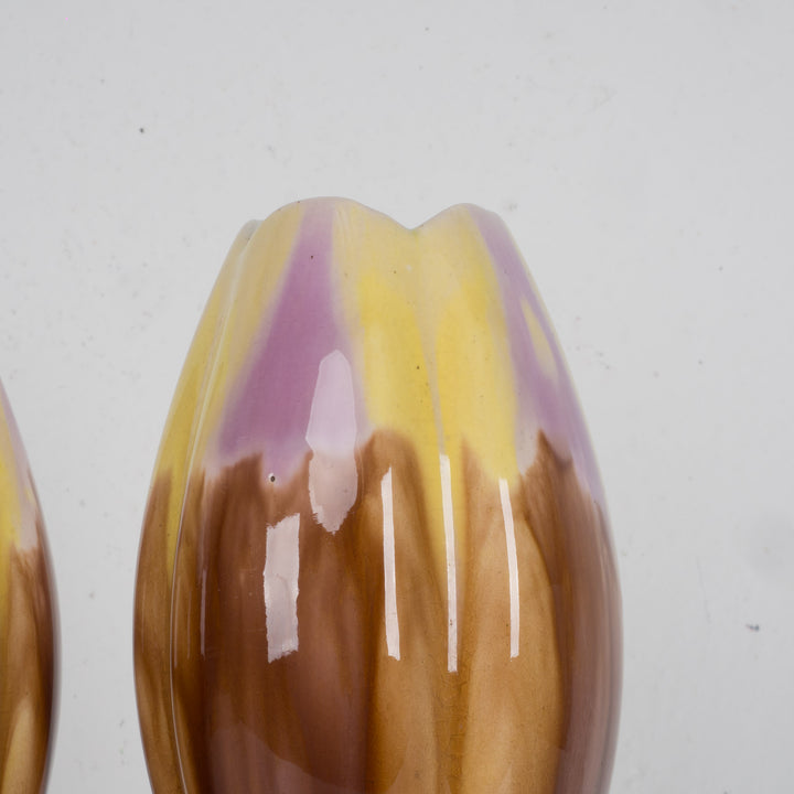 Set of 2 Art Deco vases – Beautiful drip glaze in purple, yellow and brown