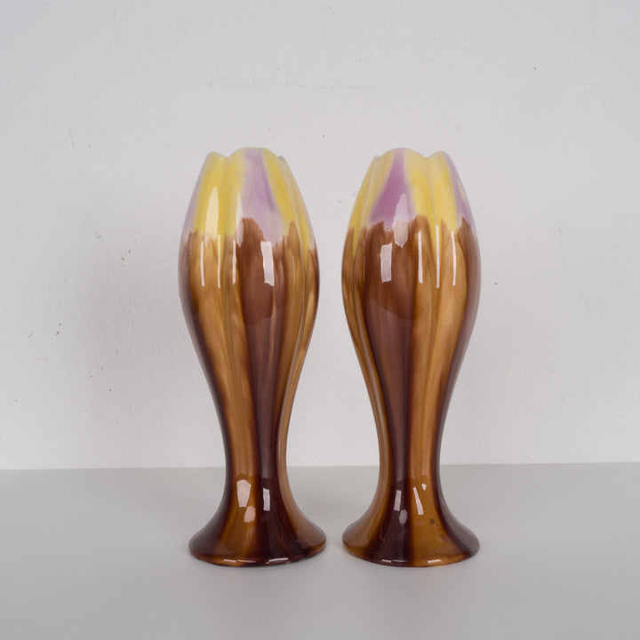 Set of 2 Art Deco vases – Beautiful drip glaze in purple, yellow and brown