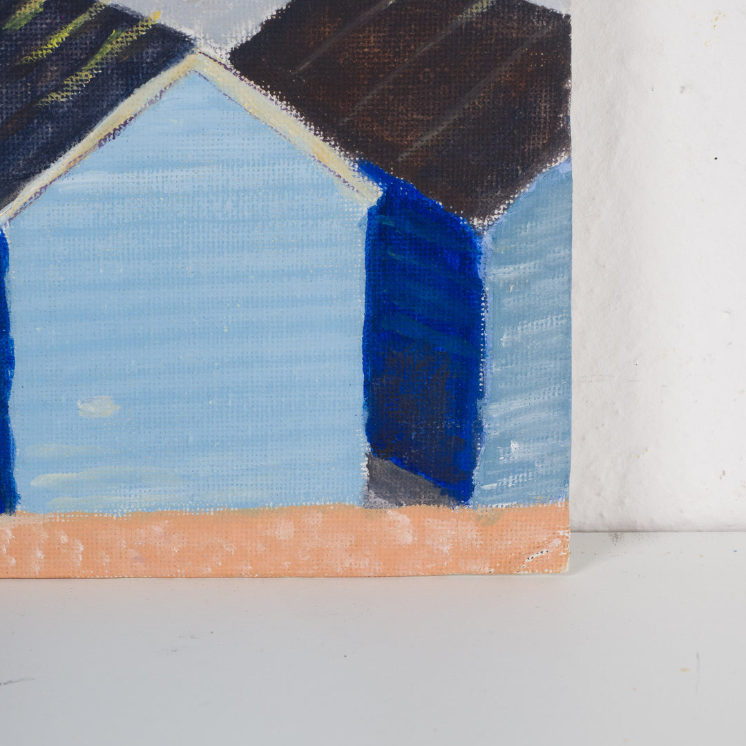 Painting with beach cabins by the sea