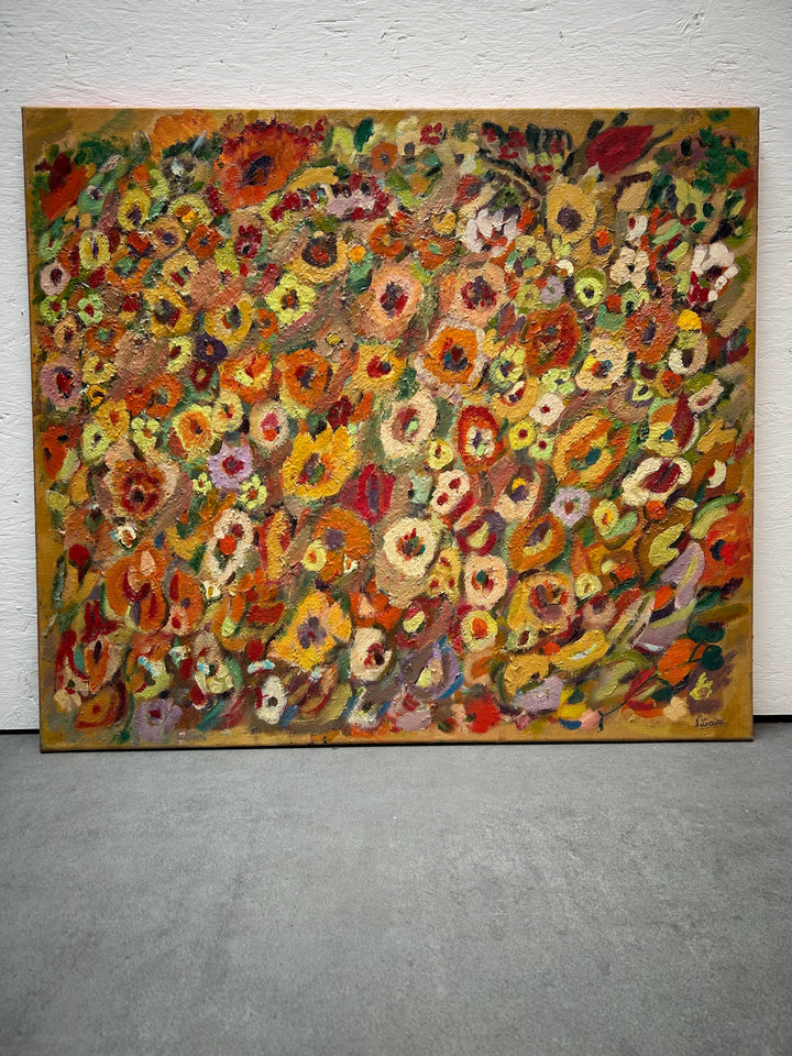 Expressief Bloemenveld in Olieverf – Gesigneerd – 80 x 70 x 1,5 cm