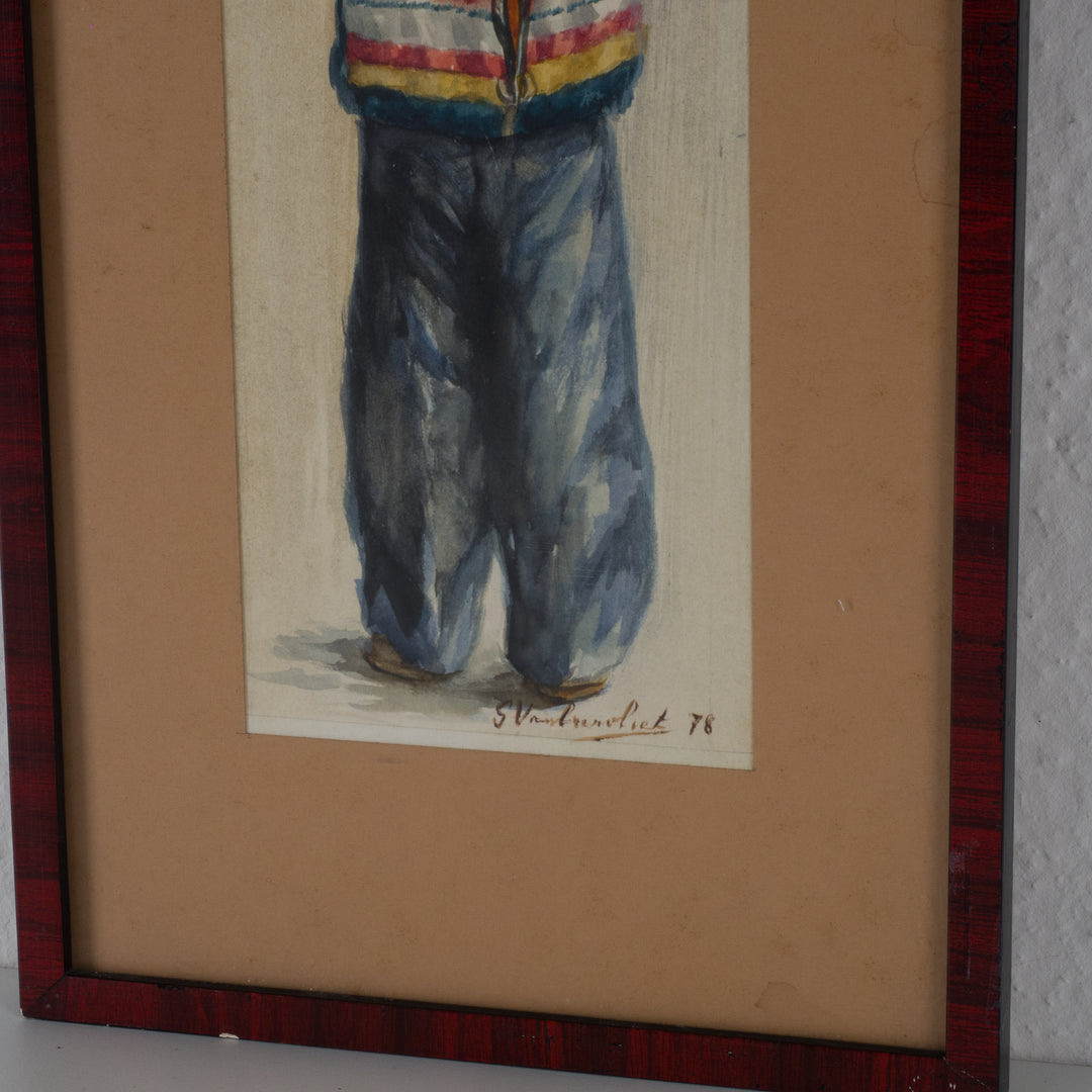 Vintage aquarel van een kind blazend op een flesje - gesigneerd