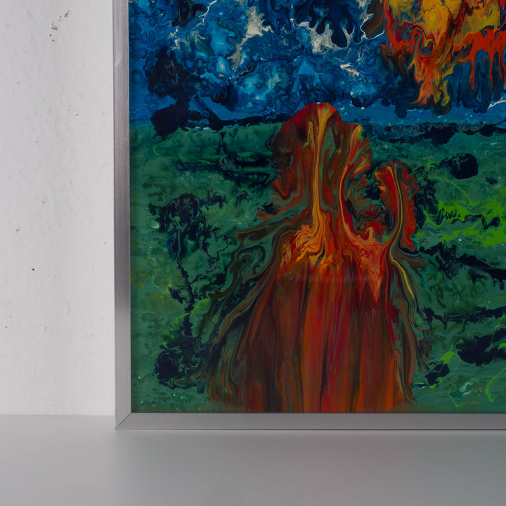 Vintage schilderij met glazuur – abstract kleurrijk schilderij van een ondergaande zon