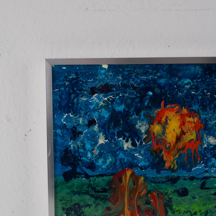 Vintage schilderij met glazuur – abstract kleurrijk schilderij van een ondergaande zon