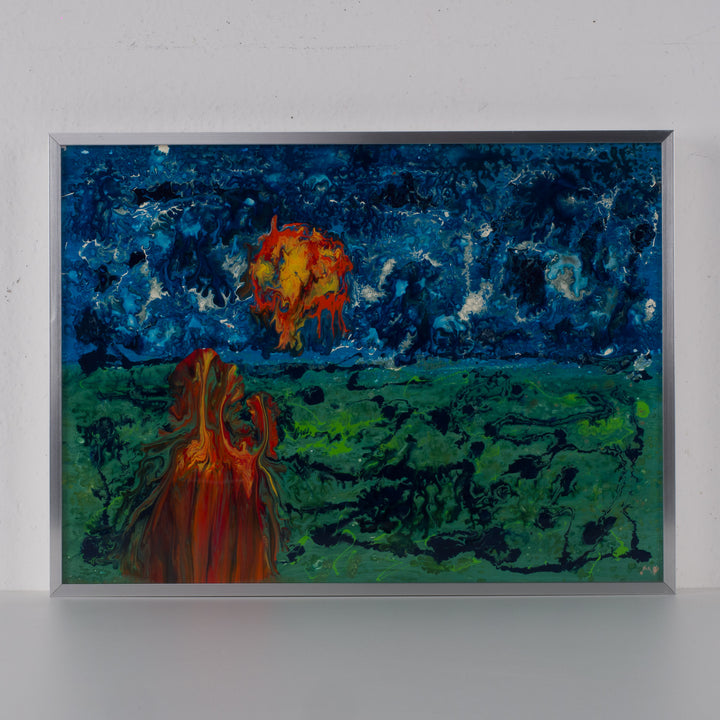 Vintage schilderij met glazuur – abstract kleurrijk schilderij van een ondergaande zon
