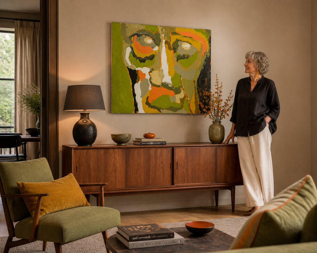 Hedendaags portret in groen en oranje – Hilde Deceuninck - 120x100cm