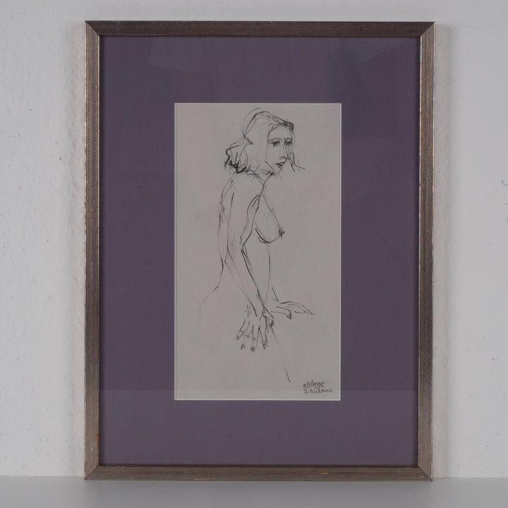 Elegant black drawing by Annemie Einhaus (1995) of a naked woman
