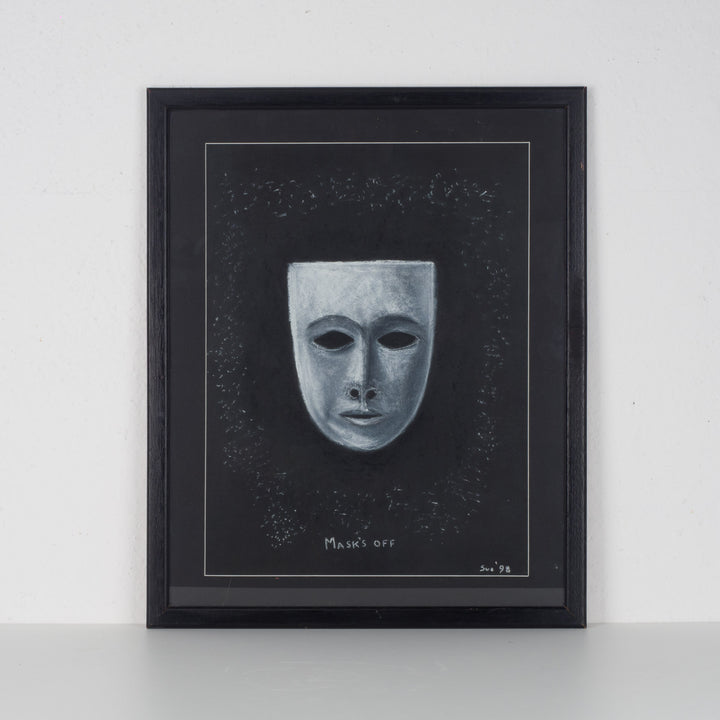 "Mask's Off" – Black and white chalk drawing by Sue (1998)