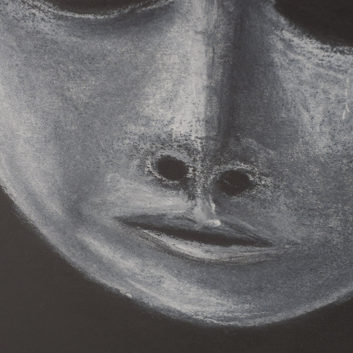 "Mask's Off" – Black and white chalk drawing by Sue (1998)