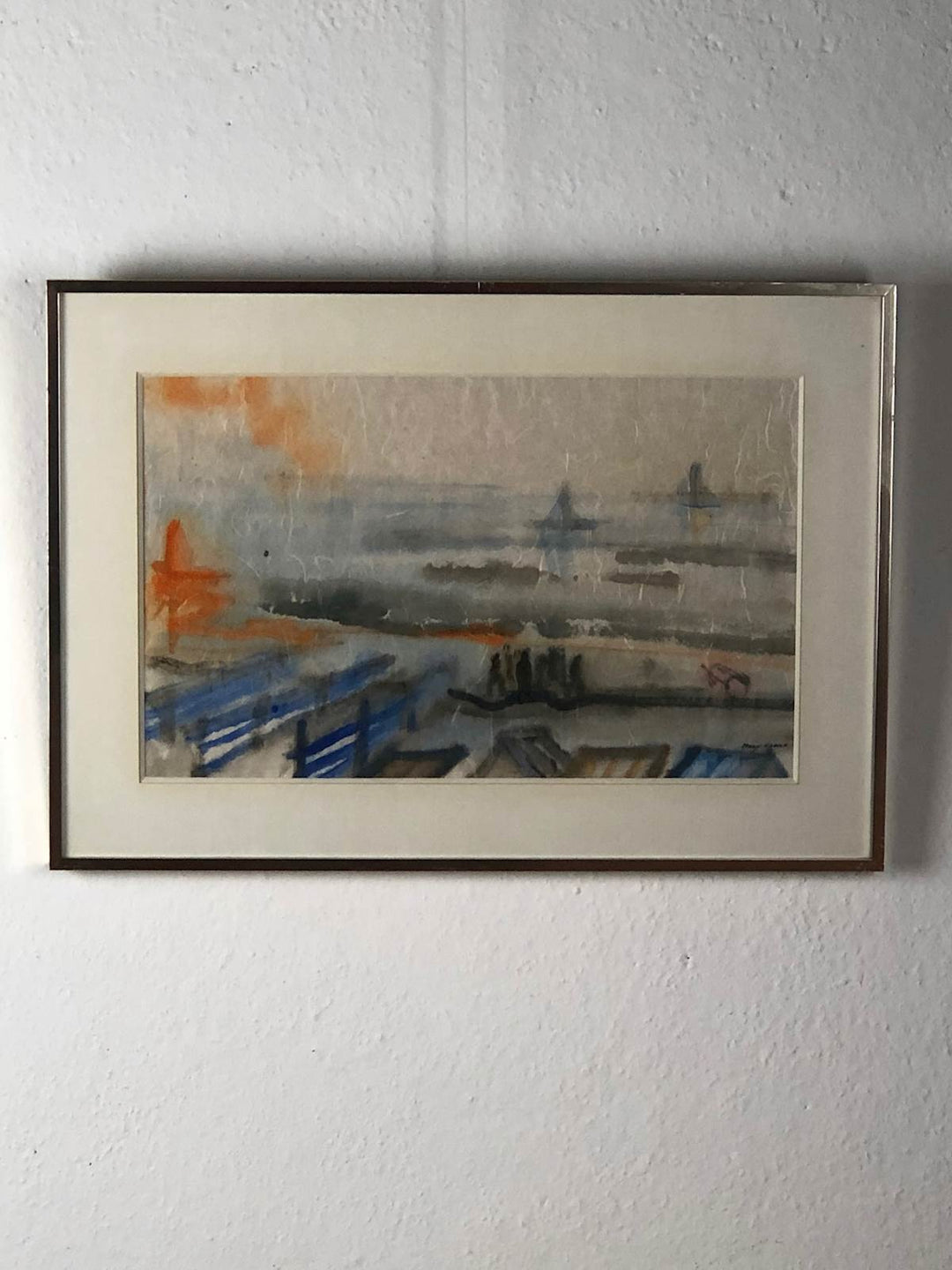 Mooi jaren 70 aquarel van een havenzicht - De Tuin Der Kunsten