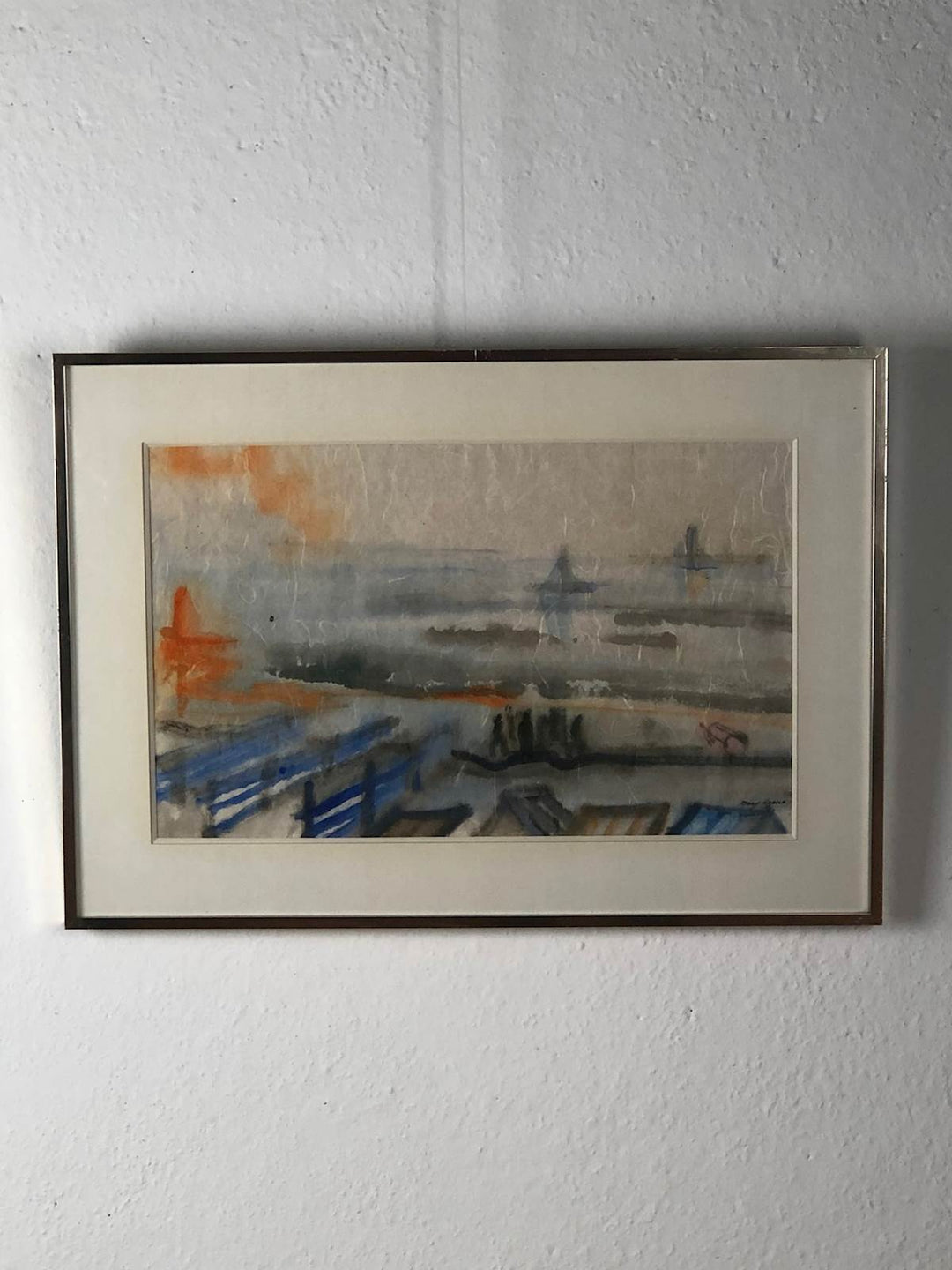 Mooi jaren 70 aquarel van een havenzicht - De Tuin Der Kunsten